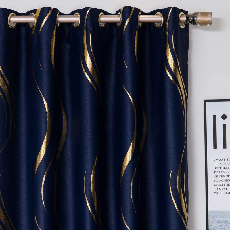 MYRU 1 Pair Blackout Curtains for Bedroom, Luxury Striped Curtains for Living Room (Navy and Gold, 2 x 54 x 84 Inch) - Image 1